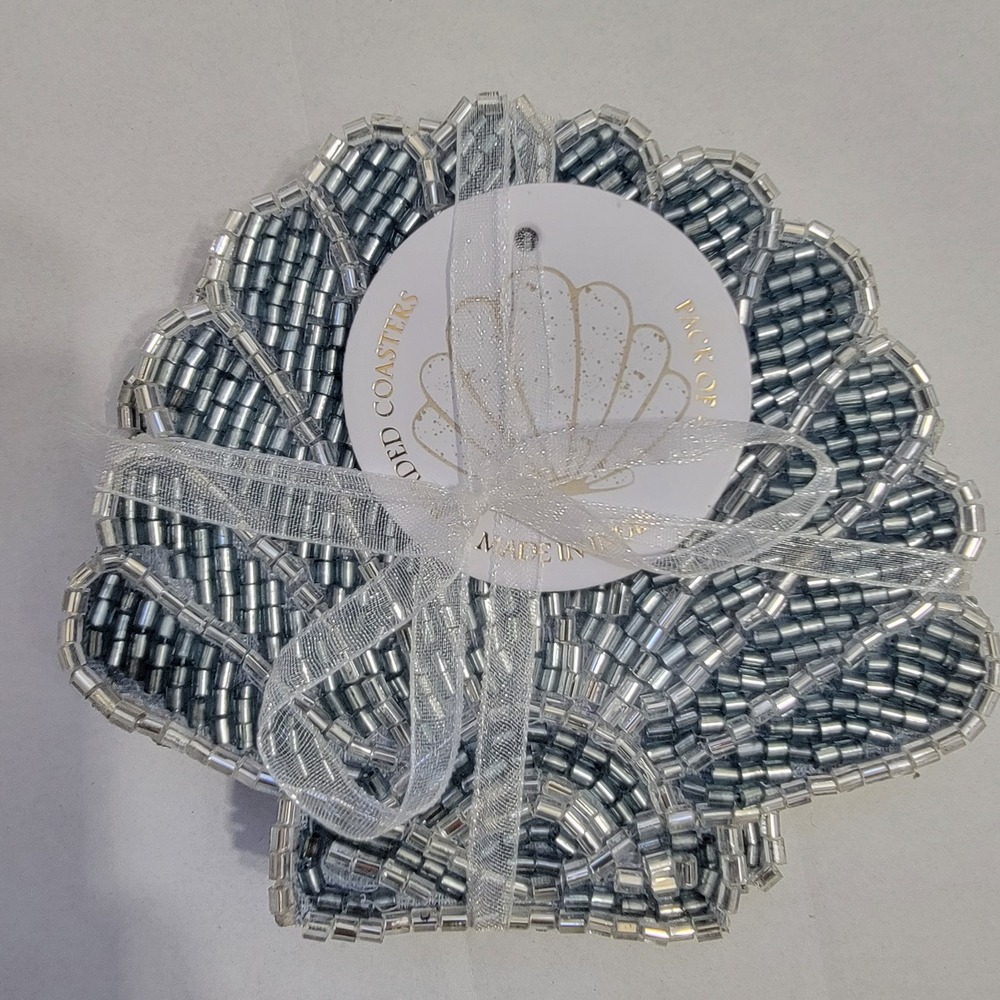 NEW! Beaded‎ Blue Sea Shell Coasters Set of 4 Satin Back Made In India